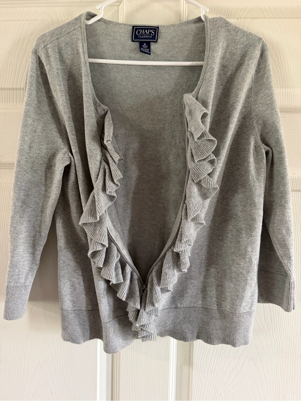 Chaps Light Gray Ruffle-Front Knit Cardigan - Picture 2 of 4